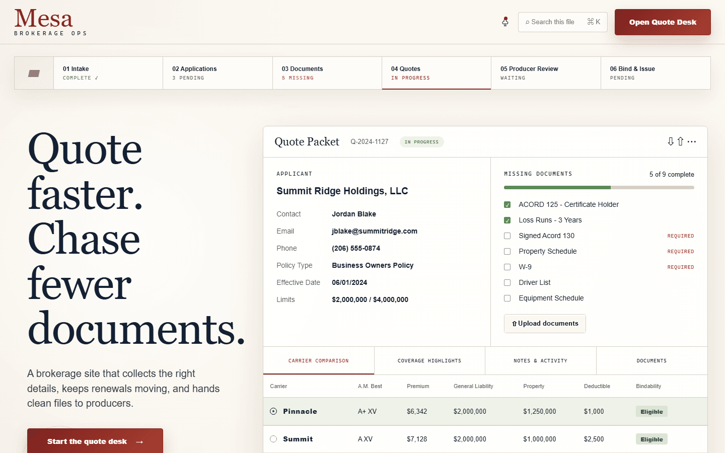 Mesa Brokerage Ops example website screenshot